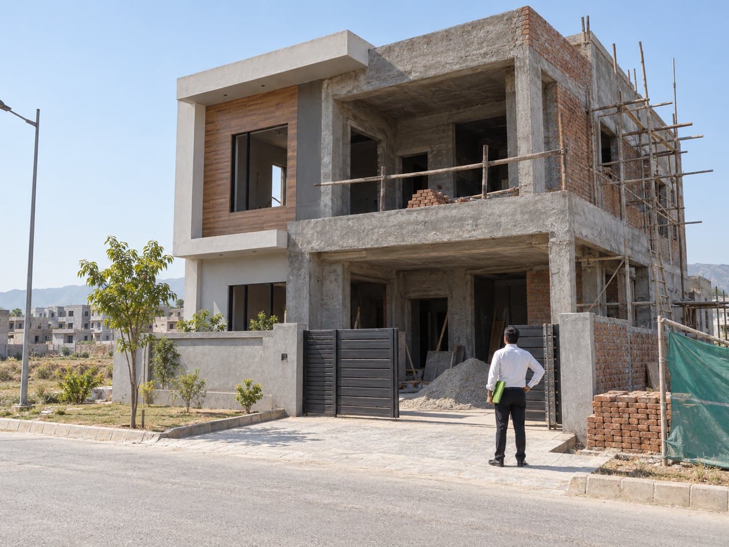 A double-storey house under construction in Attock, grey structure with finishing under way