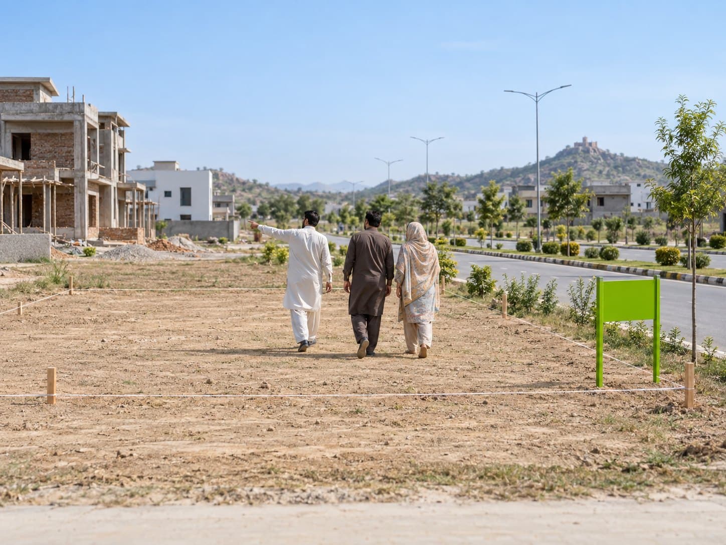 A property dealer walking a marked-out plot in Attock with a client couple